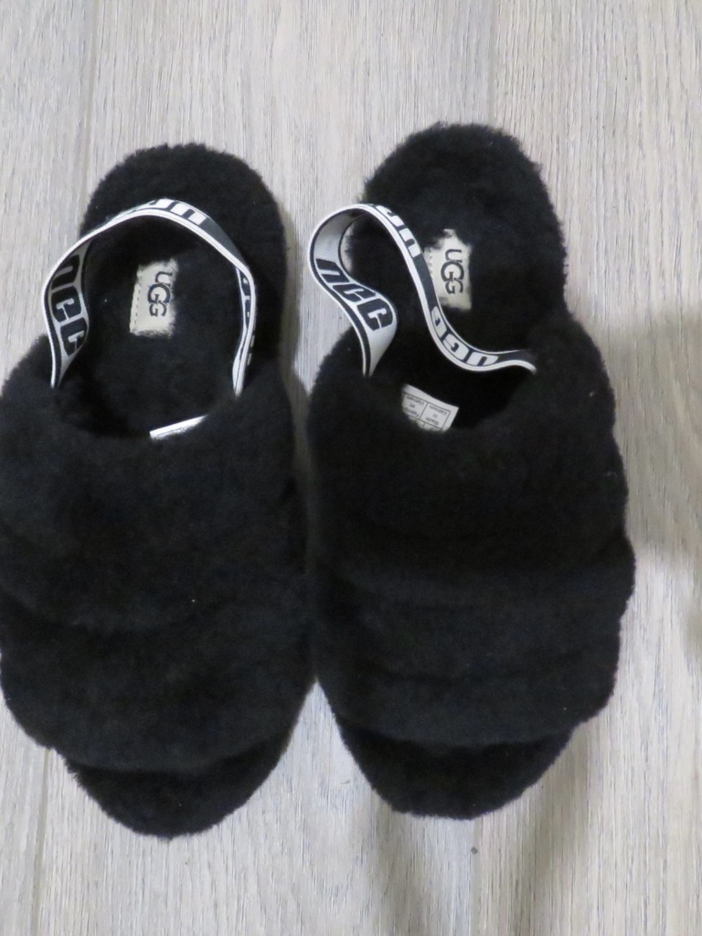 UGG Black Fluff Slide with Branded Strap